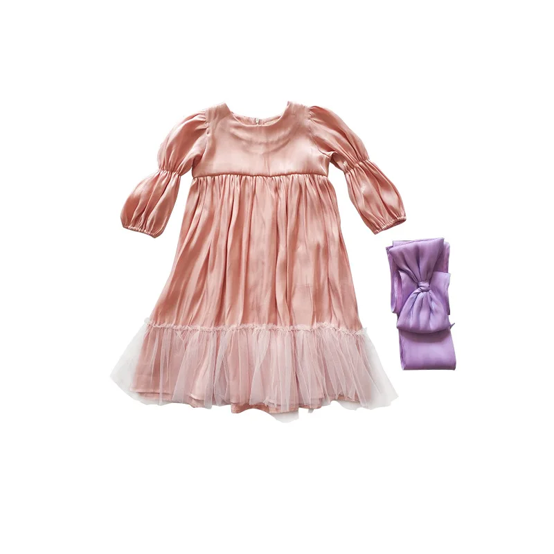 

Платье WLG для девочек, детская одежда, весенне-осенние сетчатые платья с оборками и большим фиолетовым бантом, милая универсальная одежда дл...