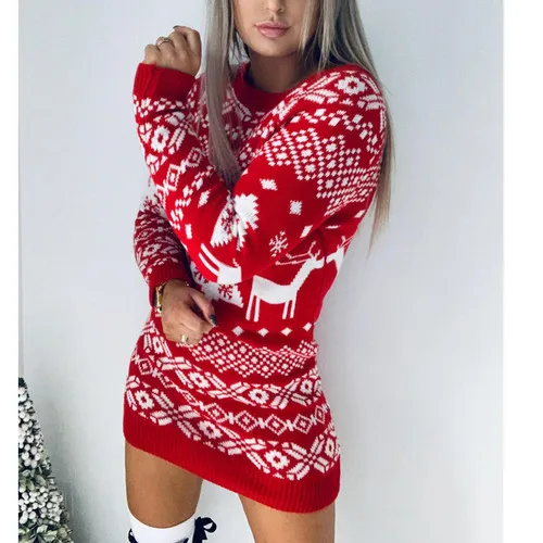 

2021 Tops New Women Fashion Autumn Winter Long Sleeve Loose Christmas Dresses Ladies Christmas Print A-line Mini Dress sale 2021