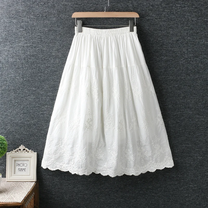 

2019 Mori Girl Autumn Women Cotton Skirt Japan Style Fresh Elastic Waist Embroidery Loose Long Skirt