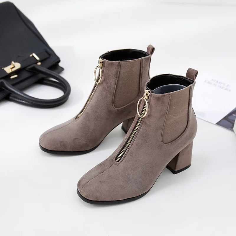 Обувь женские ботинки ботильоны из флиса на квадратном каблуке 7 см с квадратным