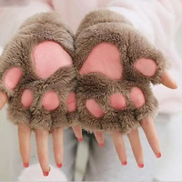 2021 women lovely cartoon fluffy bear cat claw paw mittens winter female half finger plush gloves ladies fingerless warm gloves