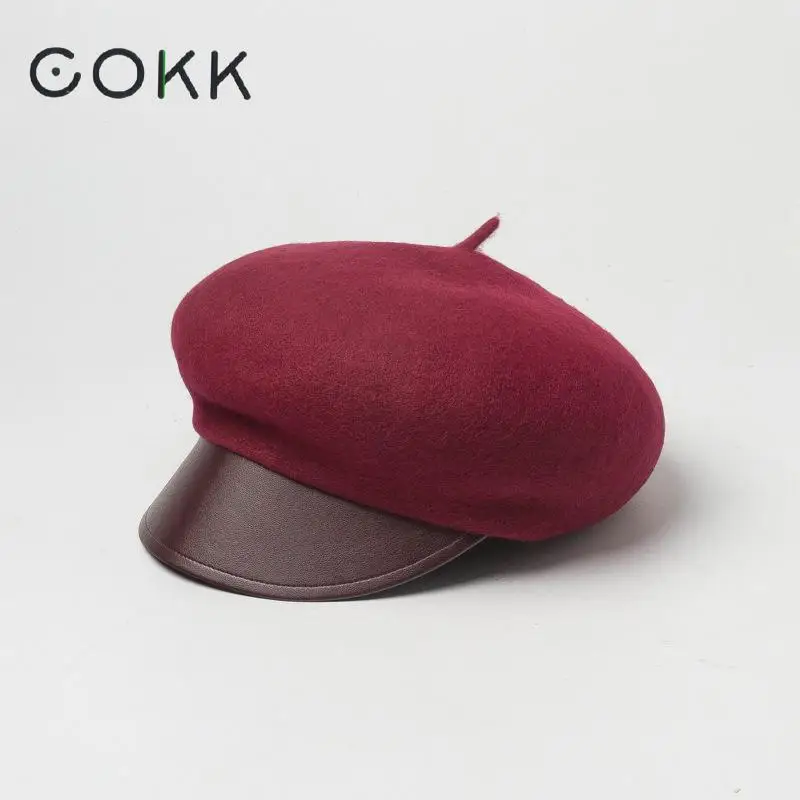 Женский шерстяной берет COKK винтажный капор толстый теплый с кожаными полями