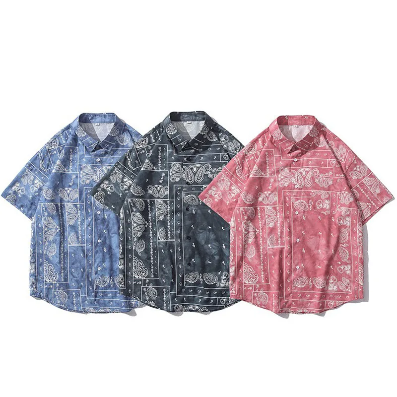 

Men Shirt Short Sleeve 2021 New Arrival Summer Loose Male Shirt Thin Geometric Patterns Flowers Korean Style Red Blue Black S41