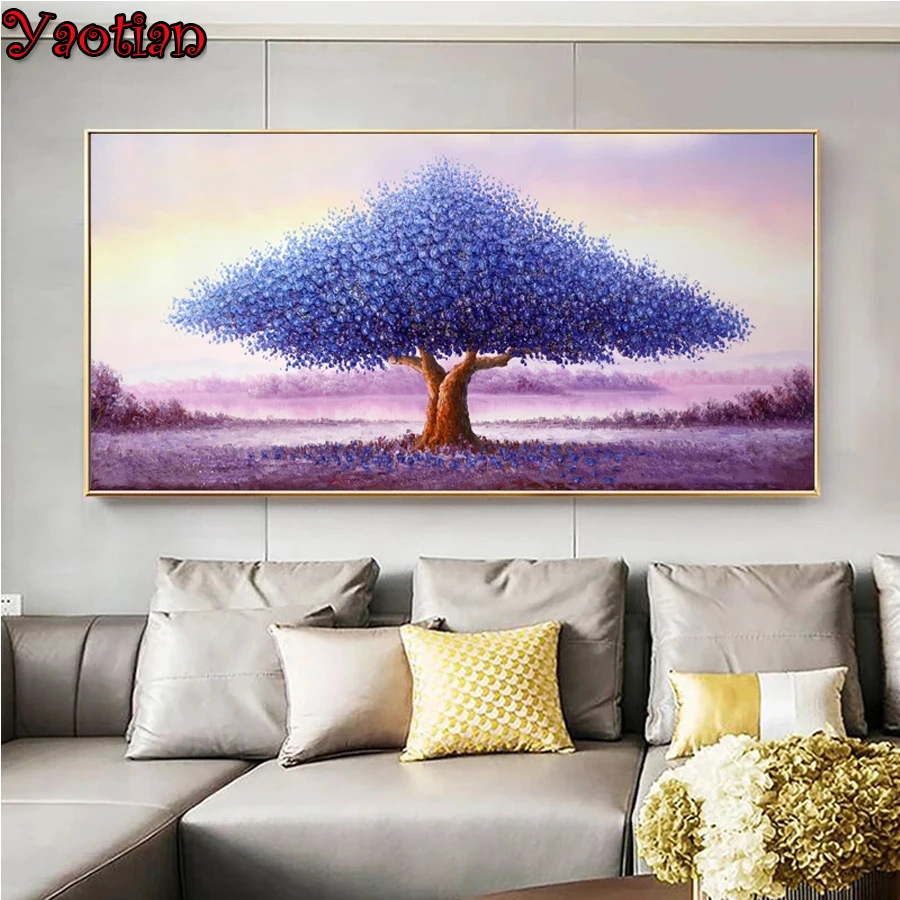 Яотиан Фулл 5D Алмазная живопись Новые поступления Фиолетовое дерево цветов Пейзажная вышивка крестом Стразы Мозаика.