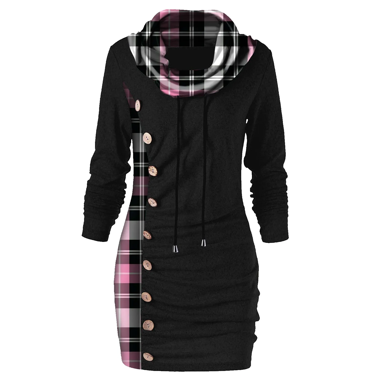 Women Autumn Winter Tops Long Sleeve Button Plaid Printed Stitching Sweatshirt Blouse Turtleneck In Stock | Женская одежда