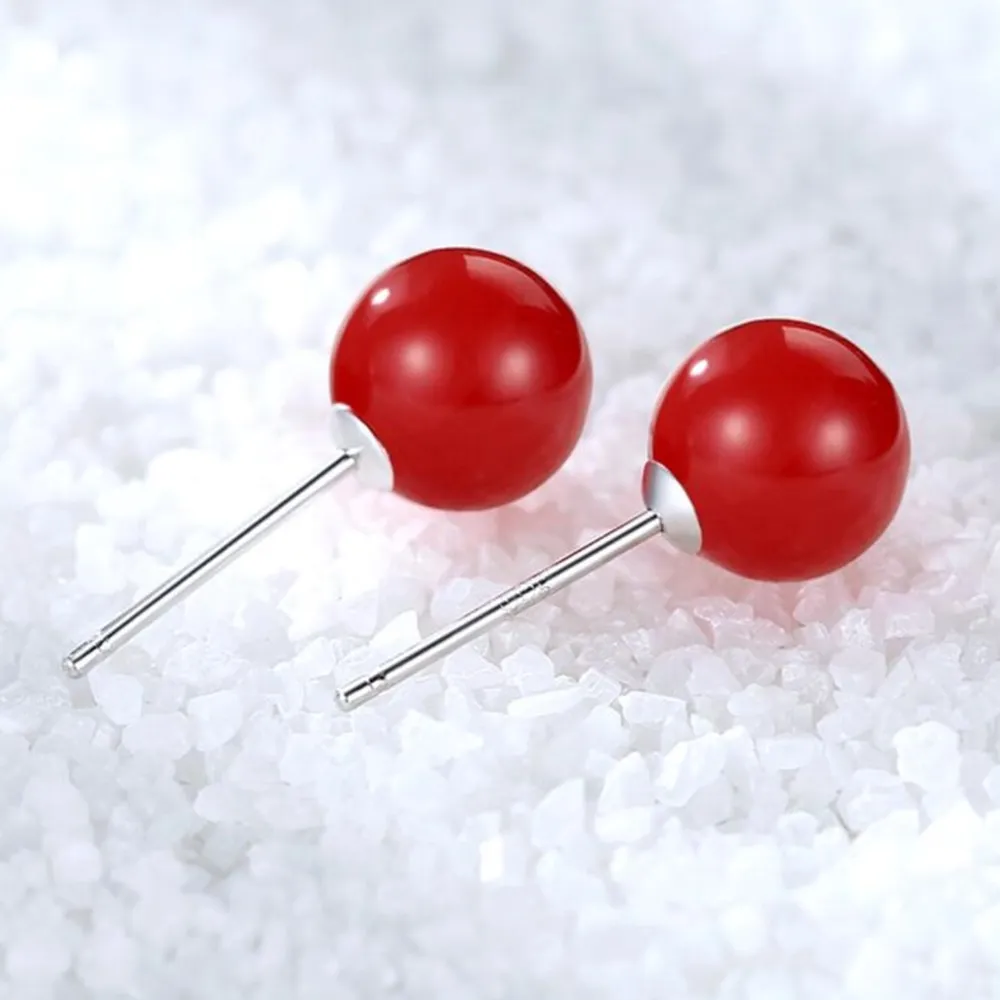 

925 Sterling Silver New Jewelry Earrings High Quality Retro Simple Red Round Earrings 8MM 10MM