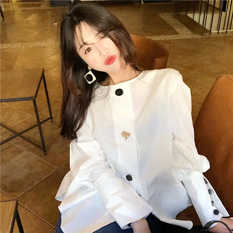 

Single Breasted Women Blouses Sweet O Neck Long Sleeve Ladies Shirts Solid Drawstring Female Tops Spring 2021