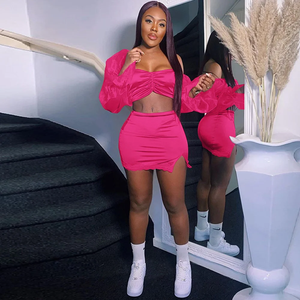 

Женское атласное платье в стиле хипстер, комплект из двух предметов, короткий топ с длинными рукавами-фонариками и облегающая мини-юбка с Бо...