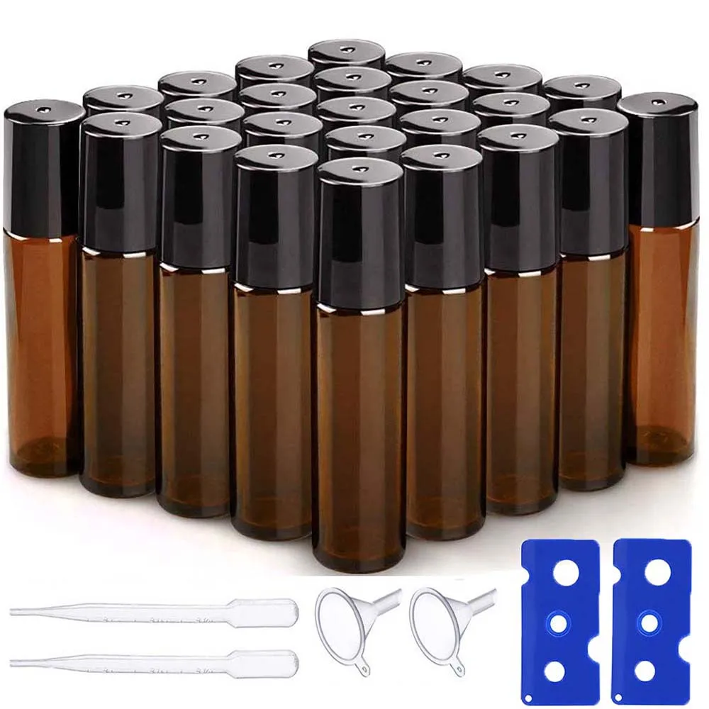 

26pcs 10ml Amber Glass Roll On Bottle Empty Vials with Stainless Steel Metal Roller Ball for Essential Oils Perfume Aromatherapy