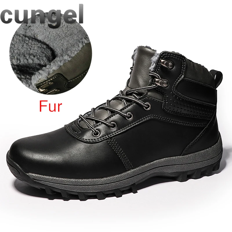 858-black CUNGEL/зимние теплые мужские ботинки; мужские зимние ботинки из натуральной кожи с мехом; водонепроницаемые рабочие ботильоны ручной работы; мужская обувь с высоким берцем - Цвет: 858-black