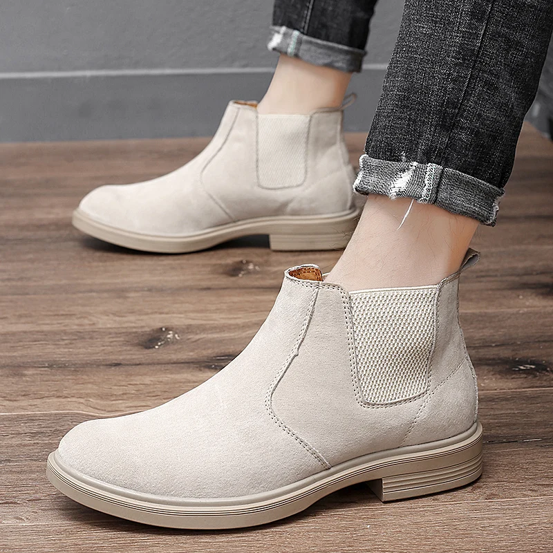 

Ботинки Челси мужские зимние с острым носком, Модные Винтажные ботинки из коровьей замши и кожи, плюшевая повседневная обувь на плоской под...