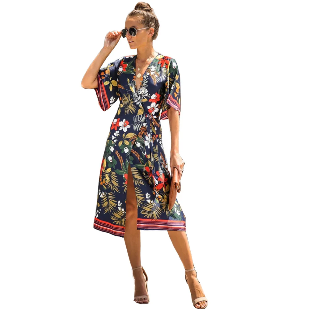 

Women Dress Bikini Sun Protection Long Dress Print Floral Sexy Beach vacation Half Sleeve V Neck Sexy Party Night Summer 2021