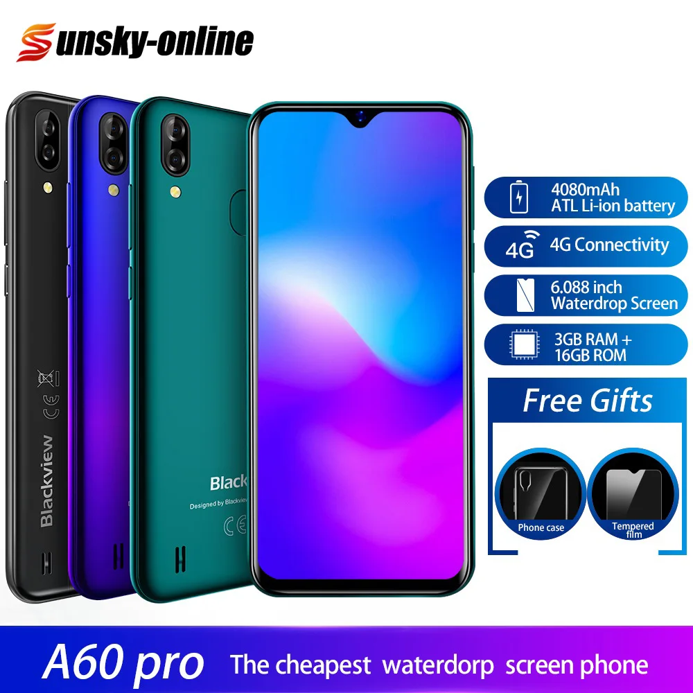 Смартфон Blackview A60 Pro Android 9 0 6 3 дюймовый экран Waterdrop Гб + 16 ГБ двойная задняя камера 088