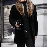 new winter mens long woolen coat fur collar warm autumn overcoat male solid slim casual windbreaker jacket outerwear top black
