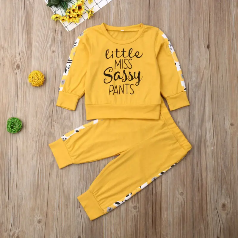 Little Miss/детский пуловер с длинными рукавами для маленьких девочек Футболка с буквенным принтом топы, длинные штаны, брюки, комплект осенней одежды из 2 предметов