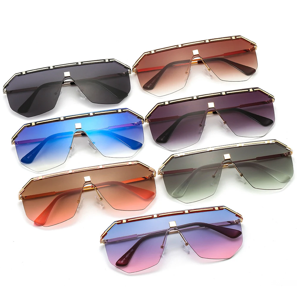 

Fashion Flat Top Sunglasses One Piece Lens Metal Frame Sun Glasse 2020 Women Men Vintage Luxury Brand Big Frame Eyeware UV400