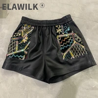 spring 2021 fashion womens embroidery high rise leather pants high qualitygenuine leather short pants c552