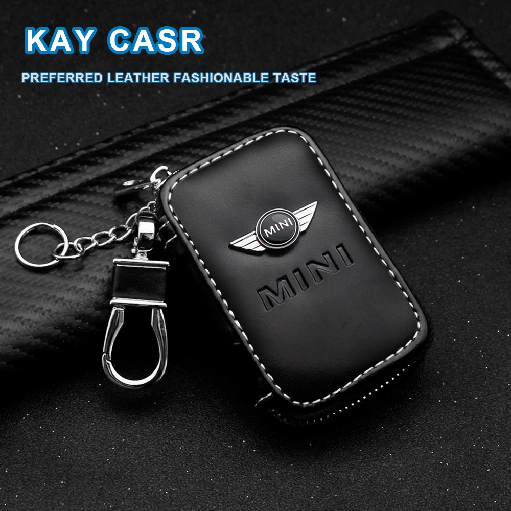 

Leather Car Key Case Remote Control Key Case Leather Zipper Keychain For Mini Cooper F54 F56 F60 R56 Car Exterior Accessories