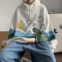 mens plus velvet thick cartoon dinosaur hooded sweater male loose student youth trend pullover autumn and winter oversized