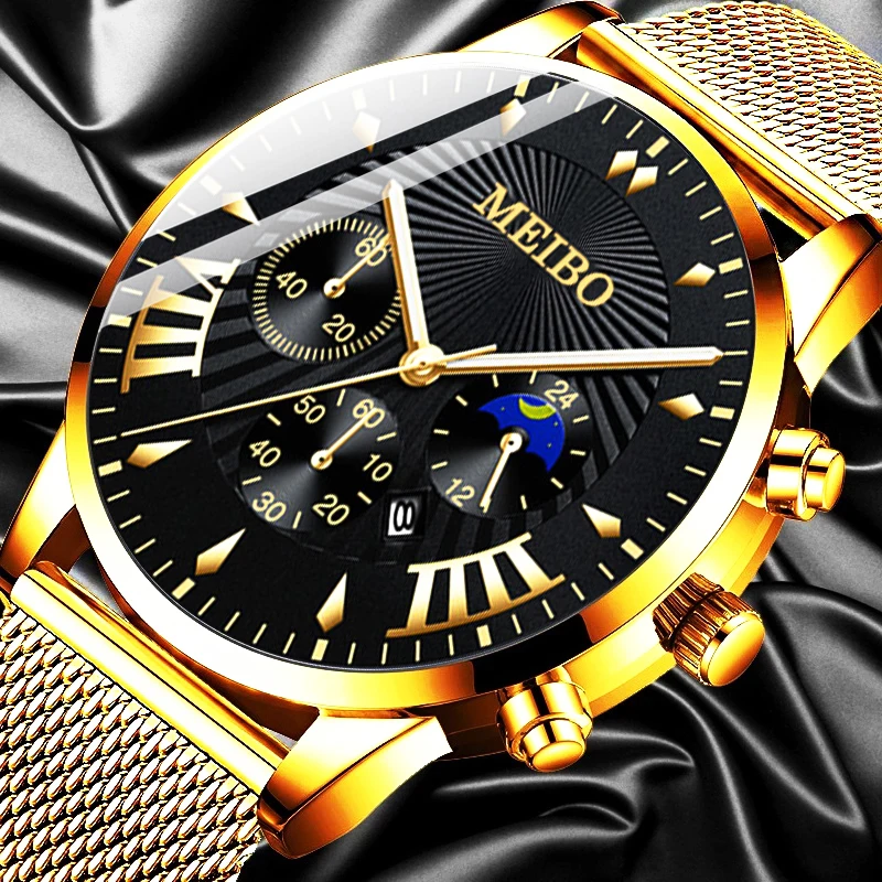 

reloj hombre Watches Mens Fashion Calendar Watch Men Business Stainless Steel Mesh Band Quartz Wrist Watch relogio masculino
