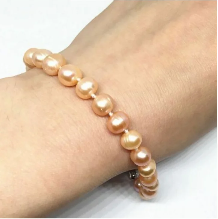 Горячая натуральный 8-9 мм Розовый Пресноводный Культивированный жемчуг браслет 7