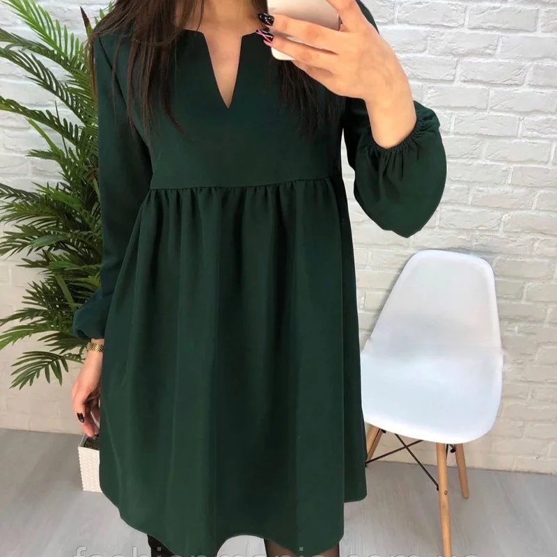 

Casual Loose A-Line Women Dress V Neck Lantern Sleeve Mini Doll Dress High Waist 2021 Autumn New Fashion Plus Size