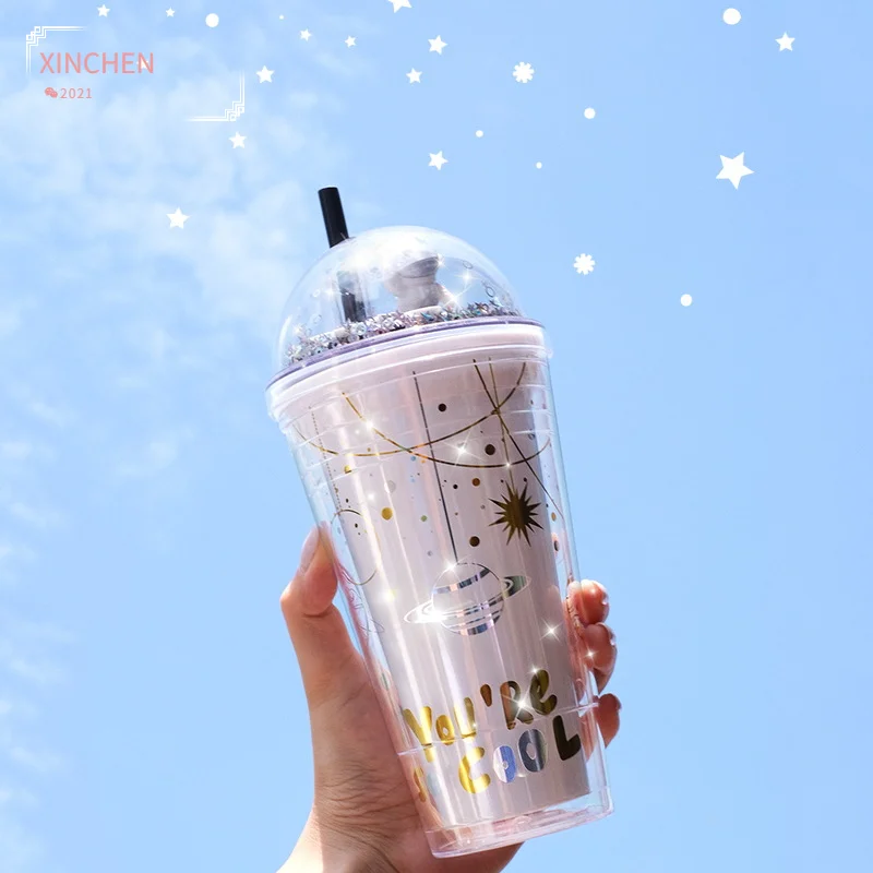 

Lovely Cartoon Mug Plastic Water Bottle with Straw Creative Double Layer Yogurt Mug Best Cup Kid Gift for Women Lovers Portable