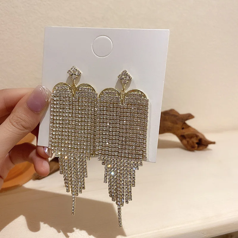 

Korean Trendy Exaggerated Rhinestone Tassel Long Earrings For Women Elegant Contracted Geometric Temperament Fashion Jewelry