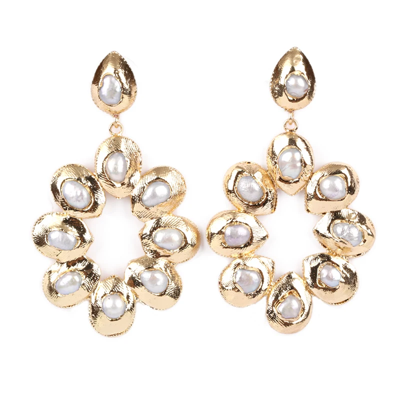 

design hyperbole hollow tear water drop gold wrap rim natural freshwater pearl bead charm big dangle earring for women 2021