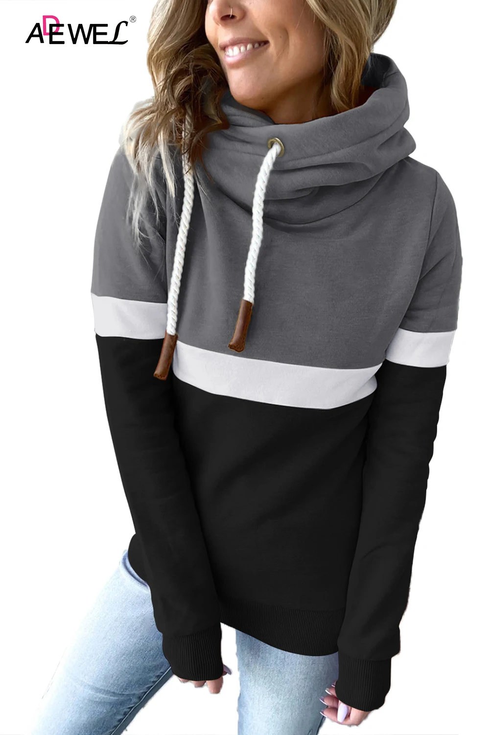 

Long Sleeve Casual Sweatshirt Black Blue Yellow Gray Drawstring Cowl Neck Colorblock Hoodie Top Blouse Women Clothing Poleras
