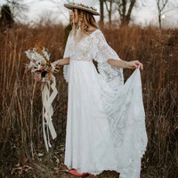 bohemian wedding dress new v neck lace flare sleeve ivory backless country vintage bridal dresses court train sukienka na wesele