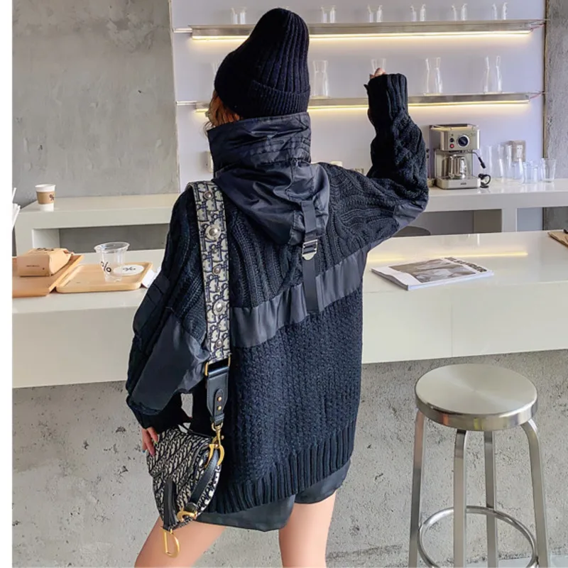 Vefadisa Black Green Plus Size Patchwork Hooded Women Sweater 2020 Fall Stitching Color Knitting Coat Cardigans QYF3878 |