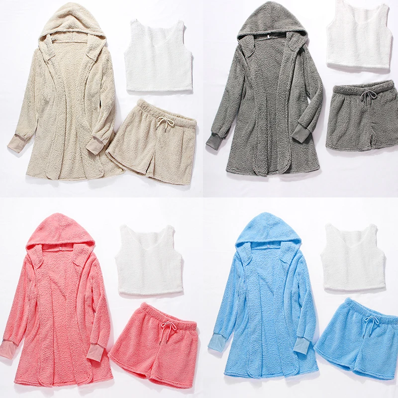 

3XL Sexy Fluffy Plush Outfit Sets 3 Piece Women Hooded Cardigan Coat Crop Top Shorts Tracksuit Casual Sweatshirts Sleepwear Suit