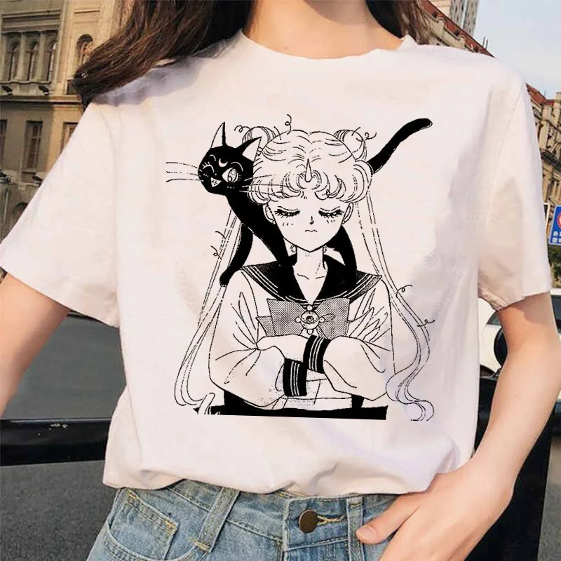 Sailor Moon 90s Funny T Shirt Harajuku clothes Tshirt Aesthetic cat Anime Women Cute Female T-shirt Kawaii Tees Fashion Ullzang | Женская