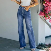 lady jeans casual high waist straight leg pants button zipper placket denim long pants woman slim jeans solid color loose jeans