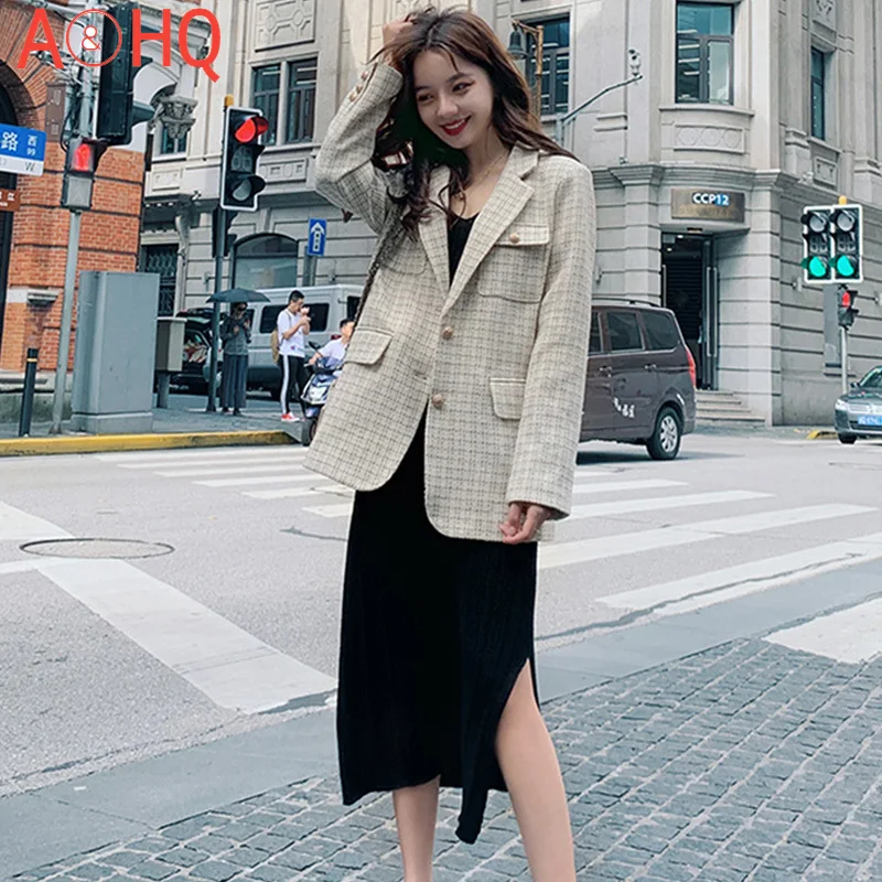 

Женская клетчатая куртка для отдыха, черная/бежевая осенняя куртка для отдыха, новинка 2021, свободная деловая Женская цельная куртка с длинн...