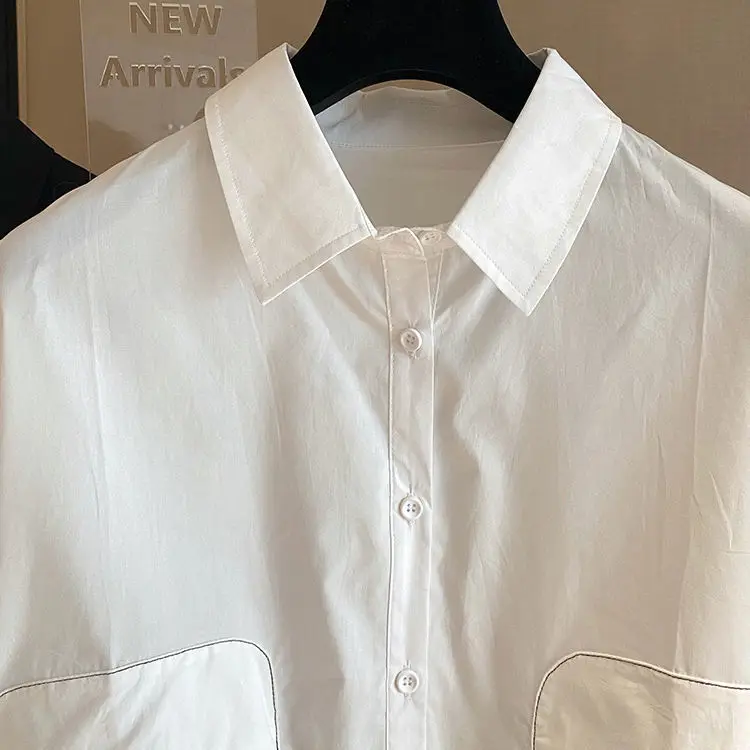 

Pure Cotton European Goods Short Front And Long Back Loose Short Sleeve Pocket Design Small White Shirt Short Sleeve 2021 New Su