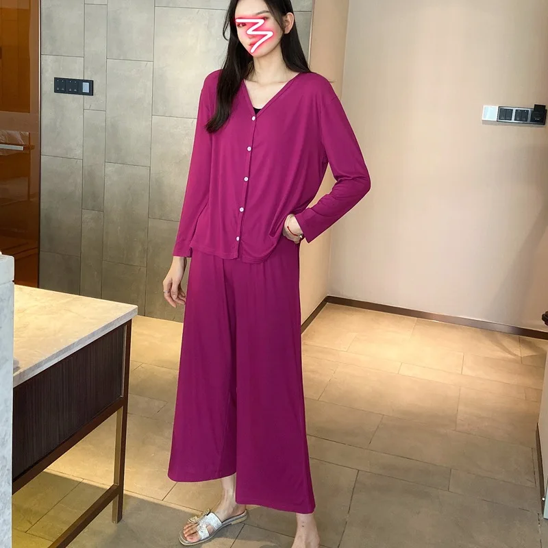 Spring Autumn New Cardigan Wide Leg Pants Women's Pajamas Korean Version Thin Large Loose 2Pcs Set Female Sleepwear Homewear