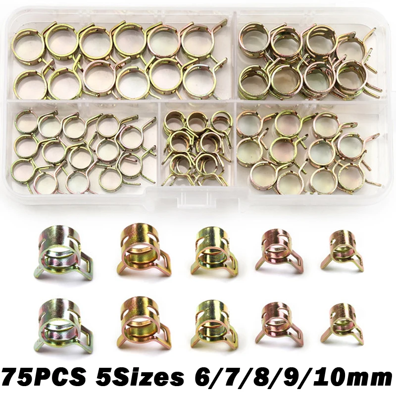 

75PCS 6-10mm Spring Clip Fuel Line Hose Water Pipe Air Tube Clamps Fastener for Band Clamp Metal Kit