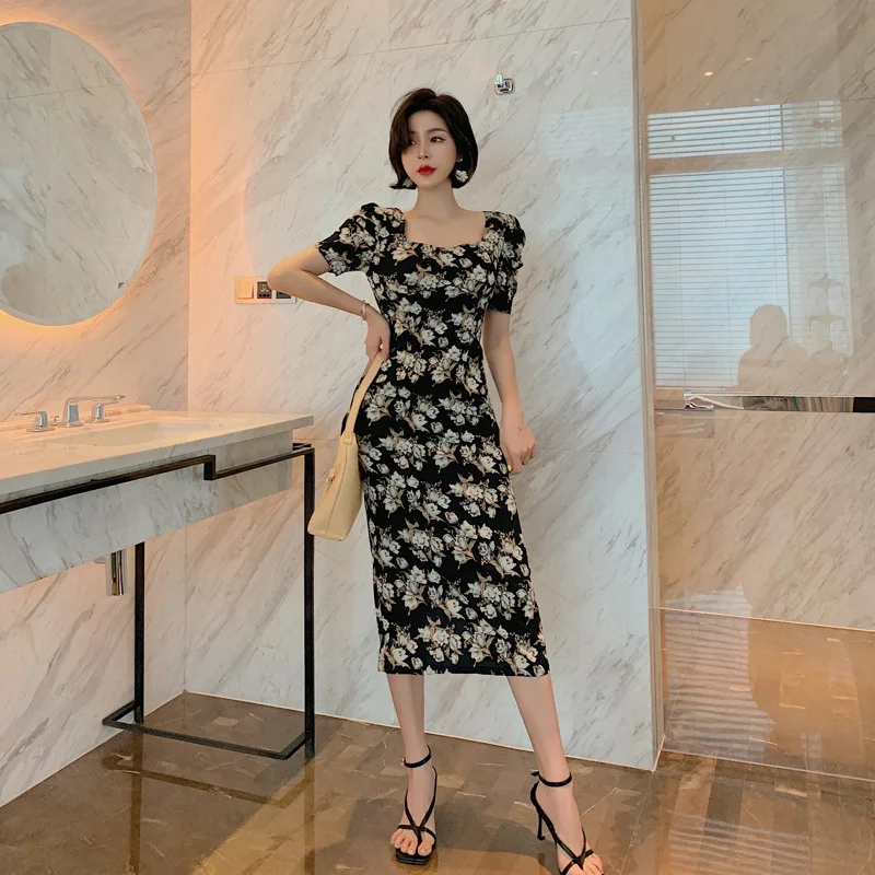 

Summer Women Short Sleeve Square Collar Elegant Dress Vintage Sexy Party Dresses Vintage Bodycon Print Pencil Dress Vestidos