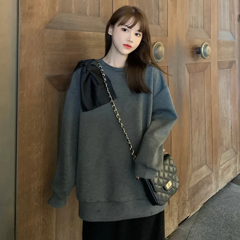 Женские толстовки большого размера топы с длинным рукавом и бантом серые круглым