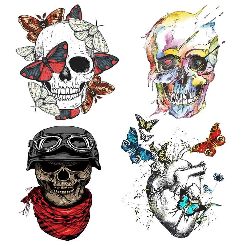 

Pulaqi Skull Patches DIY Iron on Transfer On Clothes Punk Animal Heat Transfer For Clothing Stickers Thermal Heart Applique