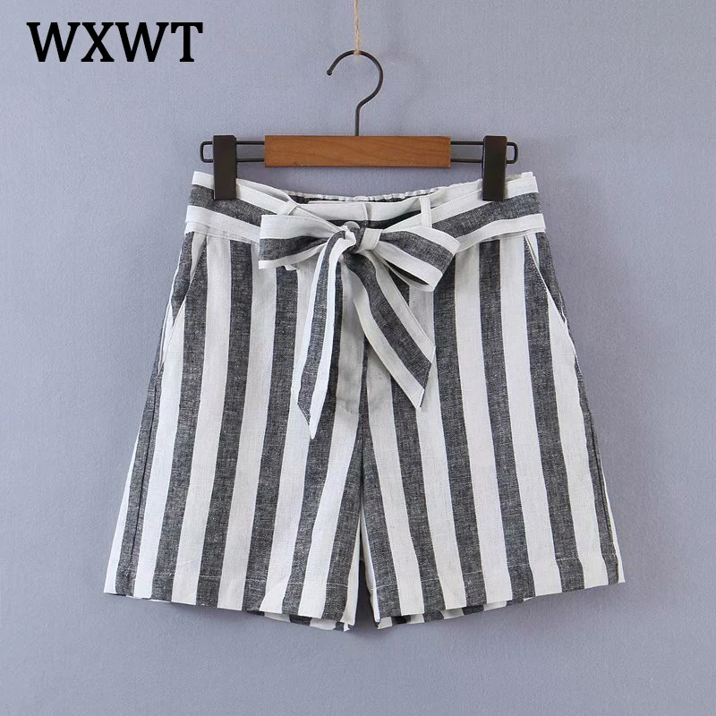 

WXWT 2021 Women Striped Sashes Shorts High Waist Pockets Female Retro Basic Casual Shorts Pantalones Cortos HY2107