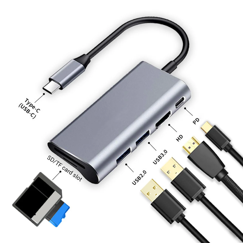 

USB C Hub 6-In-1 Type-C Adapter USB C Dongle With 4K@30Hz HDMI-Compatlble/SD/TF/USB 3.0/USB 2.0 Ports For MacBook/ Pixelbook