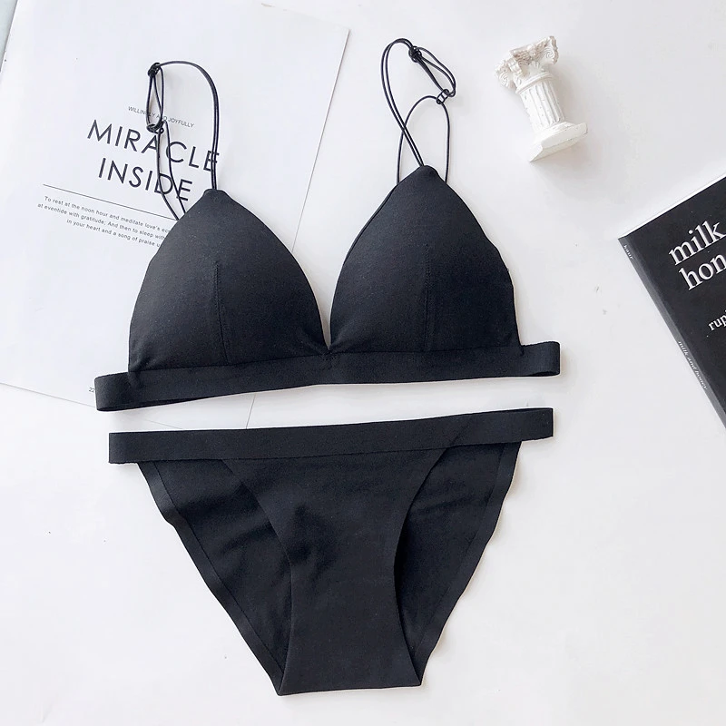 black bra set Wriufred, простой модальный хлопковый комплект нижнего белья, тонкие бретельки, собранный сексуальный бюстгальтер и трусики, удобный треугольный бюстгальтер - Цвет: black bra set