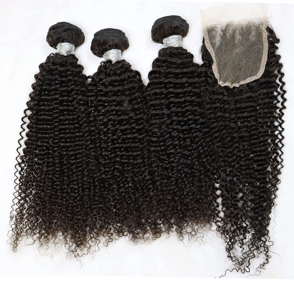 

Kinky Curly Brazilian Virgin Human Hair Weft with Lace Frontal Closures Natural Color Curly Human Hair Bundles