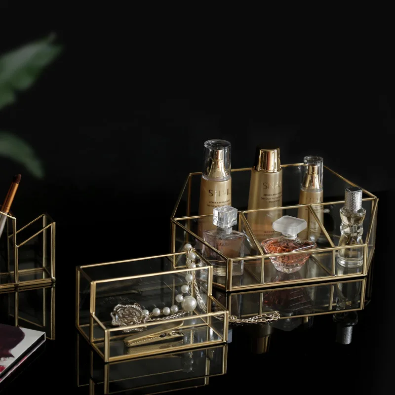 

Nordic Glass Cosmetic Storage Box Make Up Storage Tray Dressing Table Display Box Lipstick Jewelry Storage Stand Home Decoration