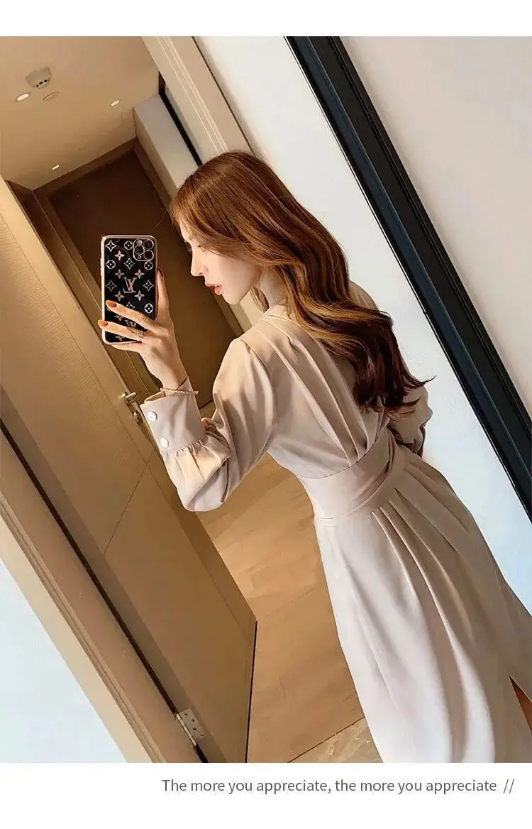 

Spring Long Sleeve Dress 2021 New Lace Up Waist Slim V Neck Mid-length Dress Party Acetate Dress Vestido Feminino