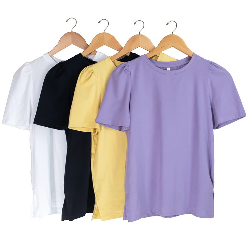 

Women t shirts Loose Casual Puff Shorts Sleeve White Purple Black Solid Color Round Neck Women Top T-shirt Woman clothes 103H