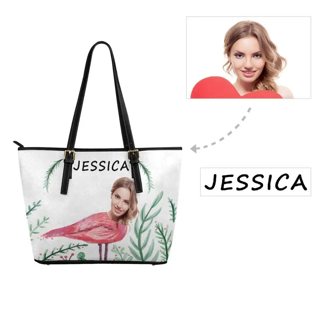 

Yes Custom Face&Name Flamingo Leather Tote Bag Print Funny Photo Shopping Bag Handbag Reusable Casual Shoulder Bag For Woman
